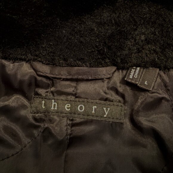 Theory Cashmere Wool Blend Large Black Hood Fur Zip Front Coat Jacket EUC - Picture 12 of 14